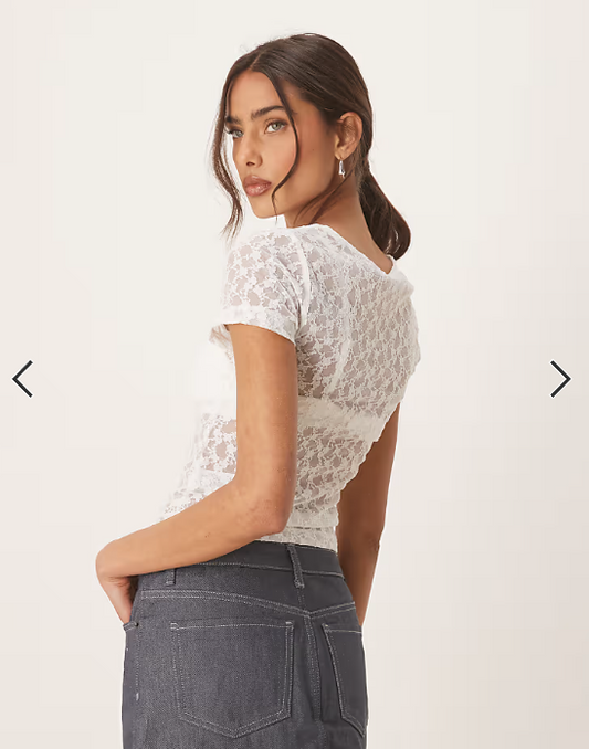 ASOS DESIGN lace short sleeve semi sheer baby tee in white