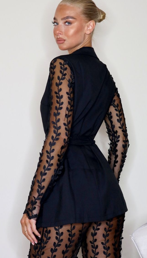 Black Woven Lace Sleeve Belt Blazer
