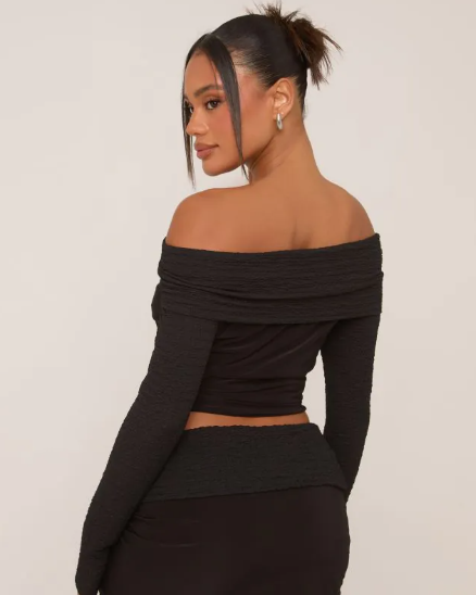 Fold Over Bardot Top In Black Texture