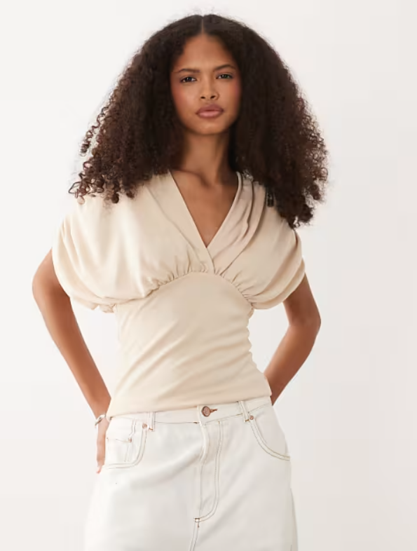 ASOS DESIGN plunge neck top with cinched waist in stone