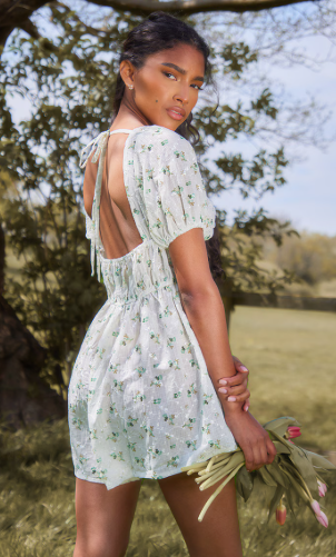 Ditay Floral Broderie Puff Sleeve Playsuit