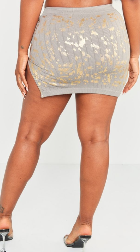 Shape Charcoal Grey Printed Structured Contour Rib Split Side Mini Skirt