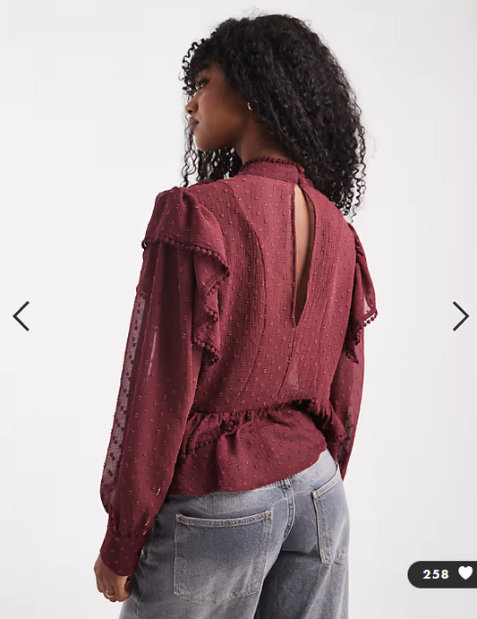 ASOS DESIGN ruffle and embroidery detail long sleeve blouse in burgundy