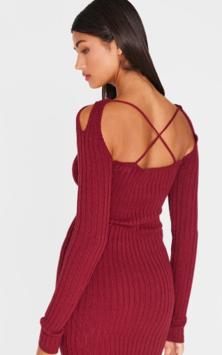 Burgundy Rib Knit Cross Front Gold Trim Mini Dress