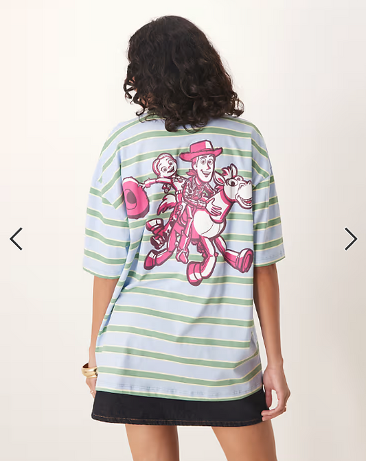 ASOS DESIGN Disney Pixar unisex oversized pinstripe t-shirt with Jessie Toy Story print in green