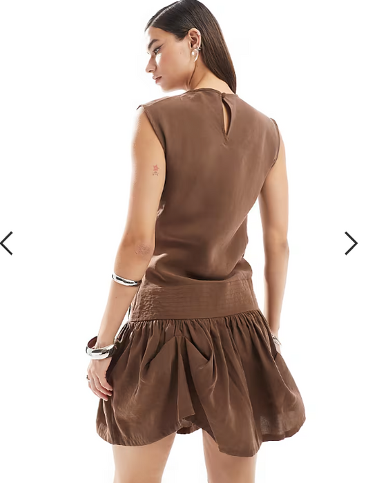 ASOS DESIGN cowl neck hitched hem cupro mini dress in brown