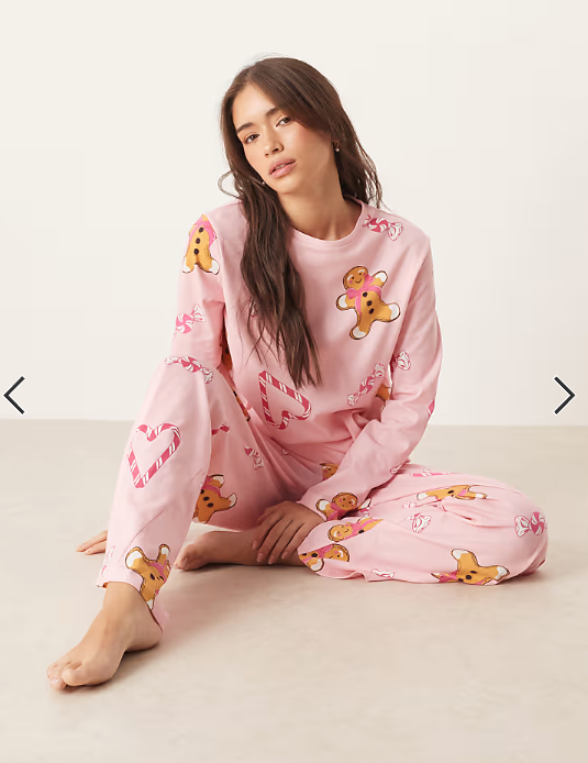 ASOS DESIGN gingerbread & candy cane long sleeve top & trouser pyjama set in pink marl