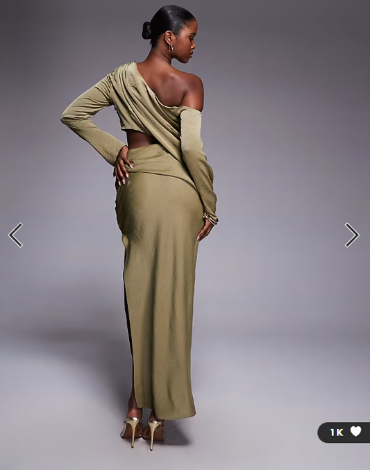 ASOS DESIGN fallen shoulder maxi dress with cutout waist in khaki
