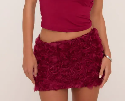 Ego Square Neck Top And 3D Flower Detail Mini Skirt Co-Ord Set In Burgundy