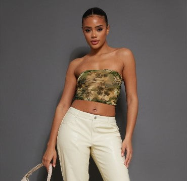 Green Printed Flock Tube Top