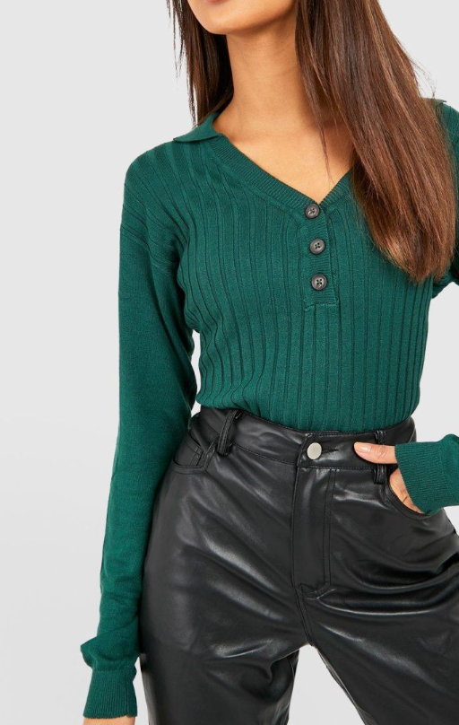 Boohoo Polo Collared Button Detail Knitted Jumper - forest