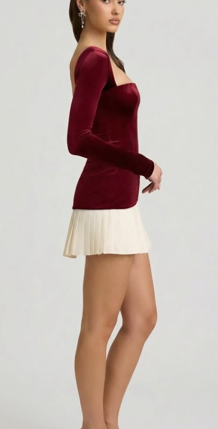 OhPolly - Layered Pleated Corset Mini Dress in Wine Red