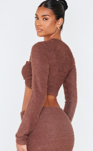 Chocolate Fluffy Textured Trim Detail Crop Top