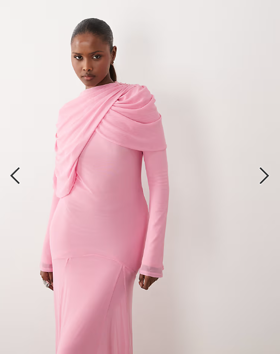 ASOS DESIGN modesty mesh maxi dress with overlay draped neckline detail in pink