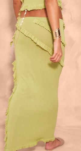 Dark Olive Rib Knit Frill Detail Maxi Skirt