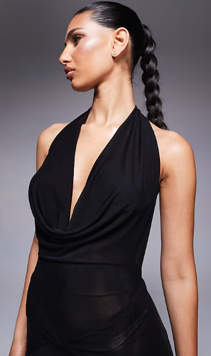 Asos - Murci exclusive mesh halterneck open back cowl neck maxi dress in Black