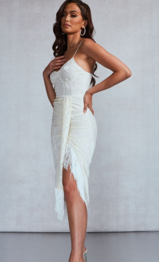 White Devore Tassel Detail Underwired Draped Midi Dress