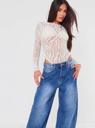 White Textured Long Sleeve Bodysuit