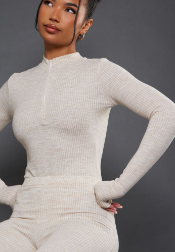 Beige Wide Two Tone Rib Half Zip Bodysuit