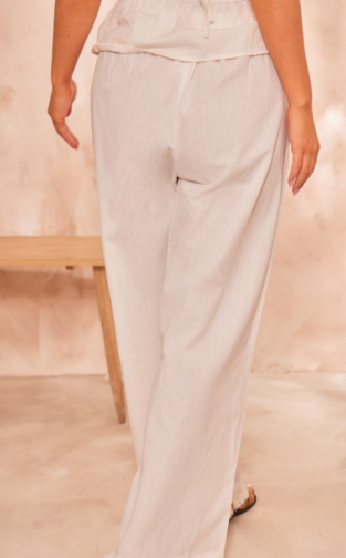 White Linen Look Frayed Hem Wide Leg Trousers
