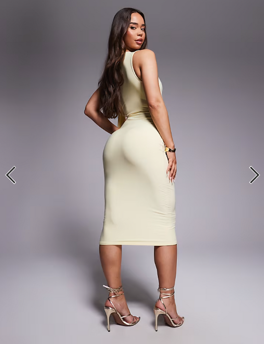 Missyempire double sculpted slinky one shoulder tie midi dress in yellow