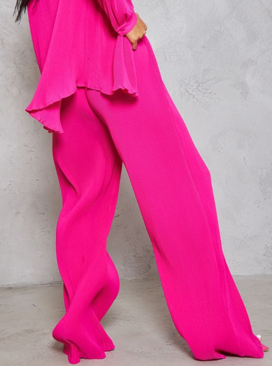 Hot Pink Plisse High Waisted Wide Leg Trousers