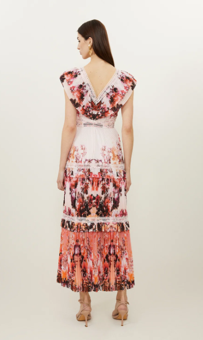 Karen Millen Mirrored Floral Print Pleated Woven Sleeveless Maxi Dress