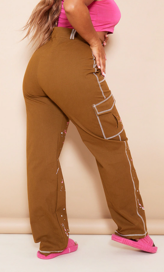 Shape Khaki Contrast Stitch Paint Splatter Cargo Trousers
