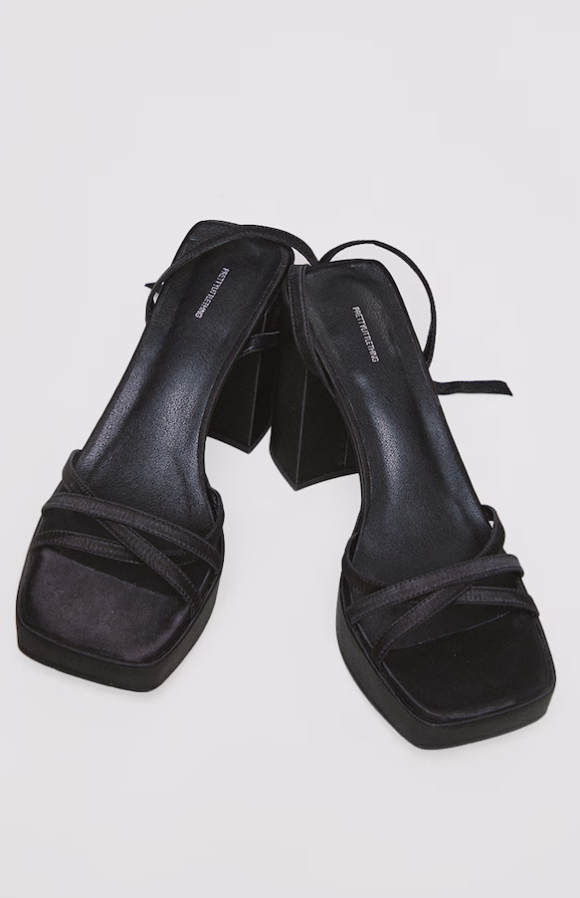 Black Satin Cross Multi Strap Slight Platform High Block Heeled Sandals