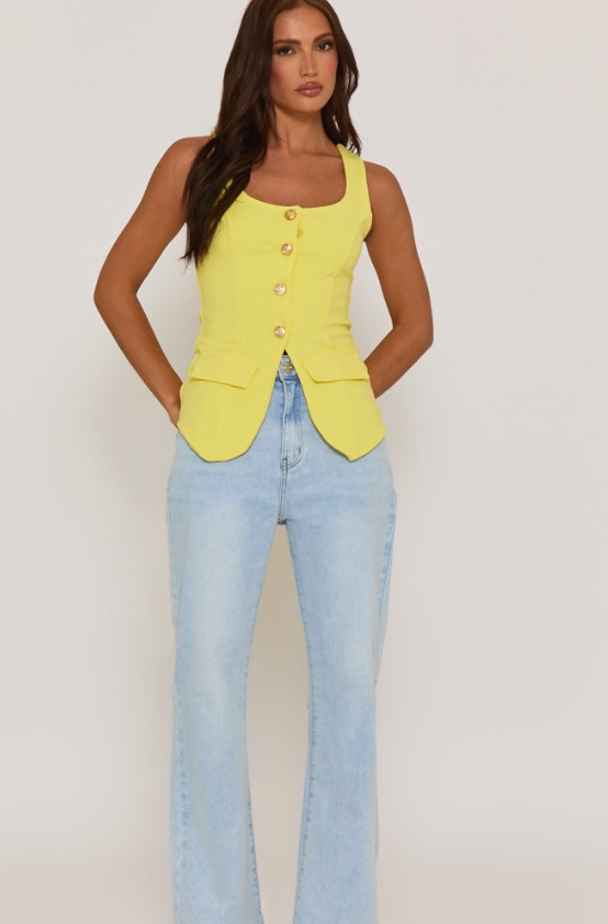 Yellow Gold Button Detail Longline Waistcoat