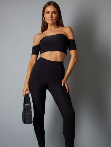 Black Slinky Bardot Short sleeved Crop Top