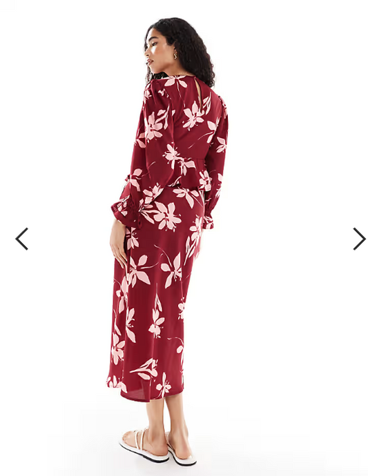 Wednesday's Girl floral print bias cut midaxi skirt in burgundy
