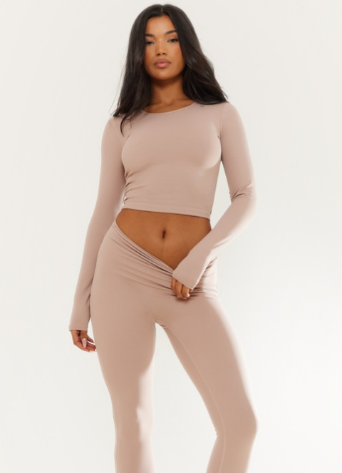 Light Mocha Snatched Sculpt Long Sleeve Crop Top