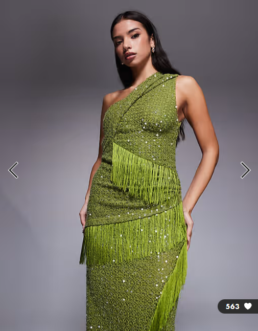 ASOS DESIGN sequin knit twist one shoulder midi dress with drape fringe panels in green