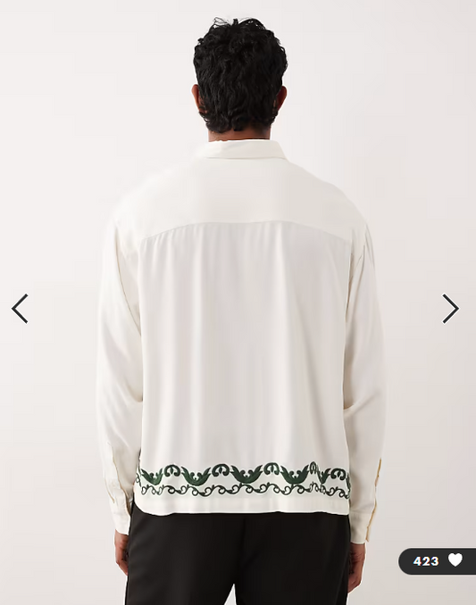 ASOS DESIGN boxy oversized shirt with border embroidery in beige
