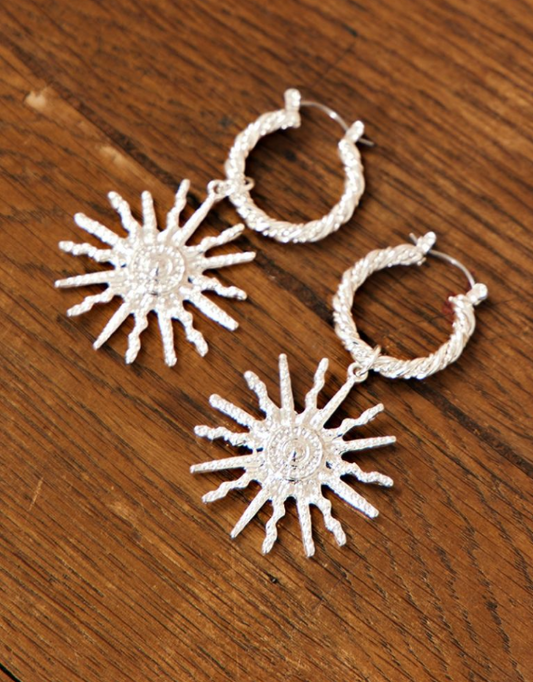 Silver Textured Sun Detail Statement Hoop Earrings