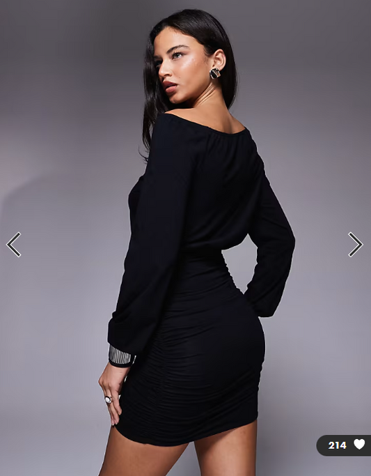 Fashionkilla exclusive cotton rich off shoulder ruched skirt long sleeve mini dress in black