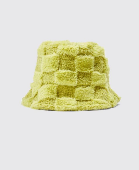 Fluffy Checkerboard Bucket Hat - lime