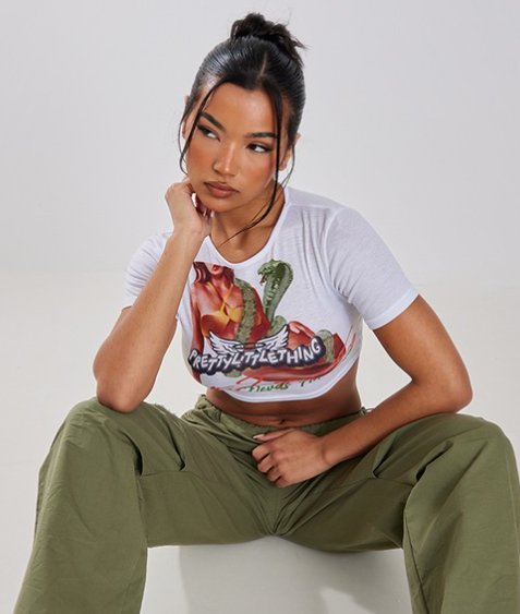White Devils Advocate Print Fitted Crop T Shirt