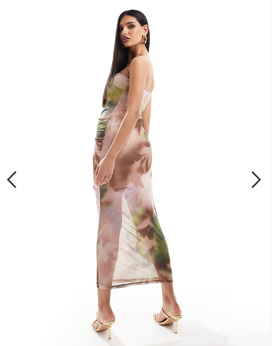 ASOS DESIGN bandeau midi dress with drape mesh bodice in blurred floral print
