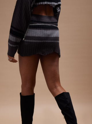 Charcoal Stripes Raw Edge Knit Micro Mini Skirt