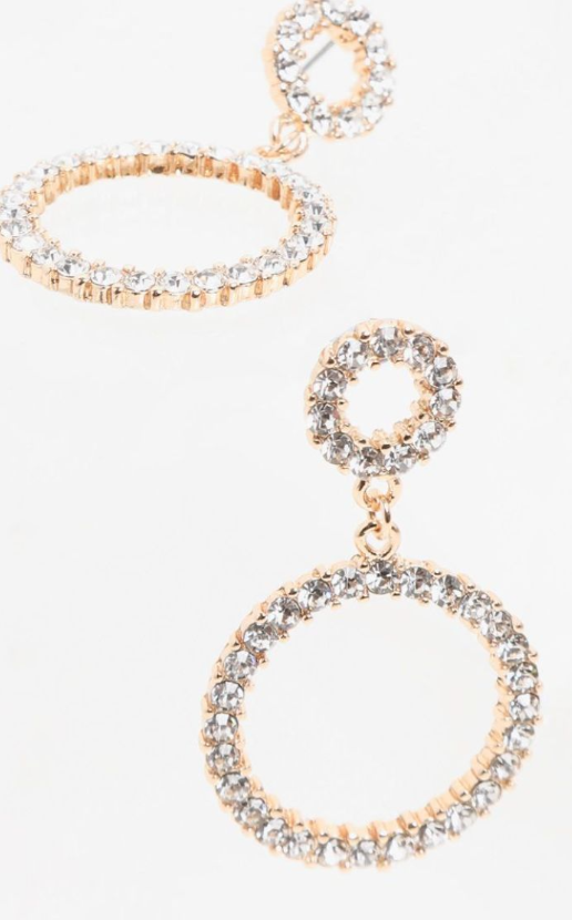 Gold Diamante Double Ring Drop Earrings