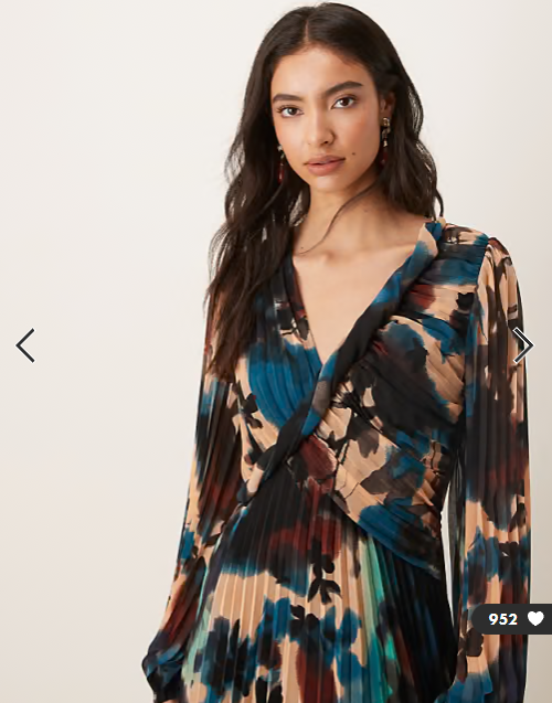 ASOS DESIGN twist detail wrap front pleated midi dress in blue abstract print