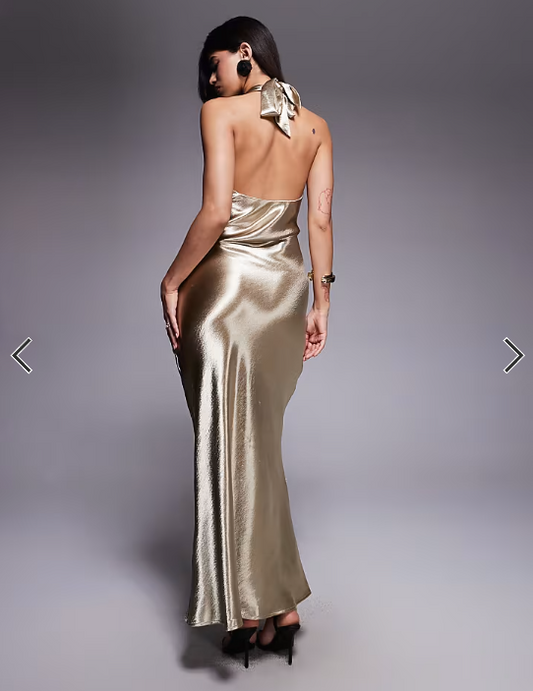 Aria Cove hammered satin knot front halterneck scarf hem detail maxi dress in gold