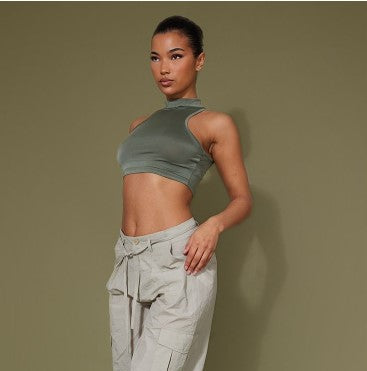 MOSS KHAKI RECYCLED SLINKY HIGH NECK CROP