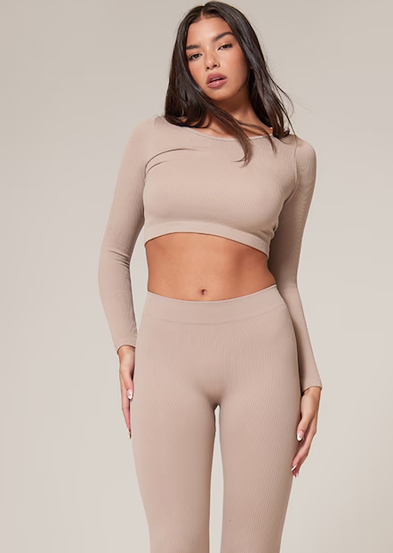 Stone Structured Snatched Ribbed Round Neck Long Sleeve Crop Top