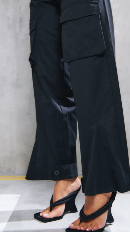 Plt - Black Cargo Bandeau Pocket Detail Frill Waist Jumpsuit