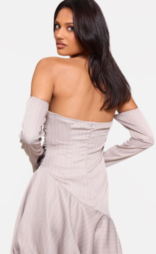 Stone Pinstripe Long Sleeve Ruched Puffball Dress