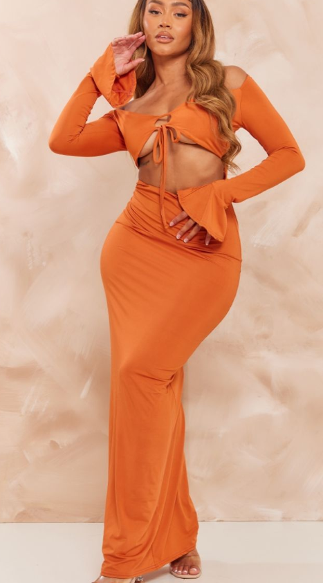 Plt - Shape Orange Slinky Cut Out Detail Long Sleeve Maxi Dress