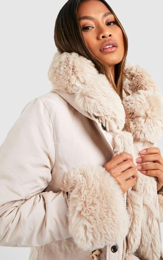 Boohoo Luxe Faux Fur Trim Collar And Cuff Parka - cream